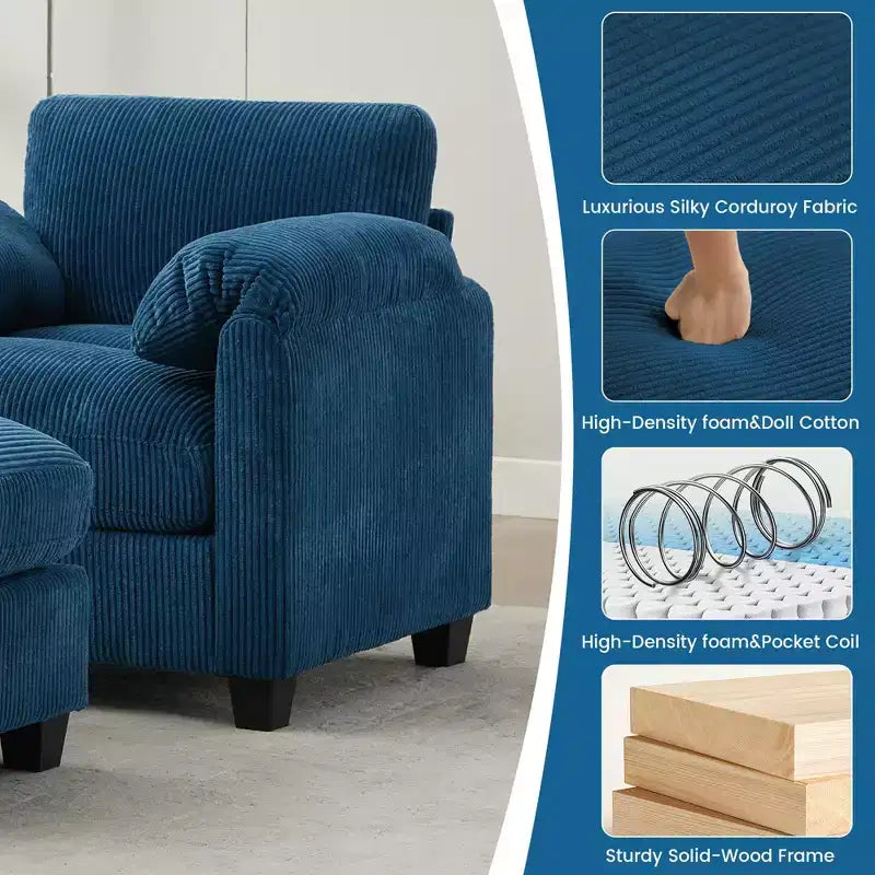 HYLEORY Sessel mit Ottoman, modernes Cord-Wolkenssofa mit umwandelbarer Recamiere, gepolstertes Sofa-Set für Wohnzimmer und Büro