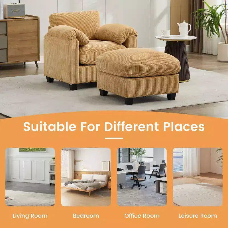 HYLEORY Sessel mit Ottoman, modernes Cord-Wolkenssofa mit umwandelbarer Recamiere, gepolstertes Sofa-Set für Wohnzimmer und Büro