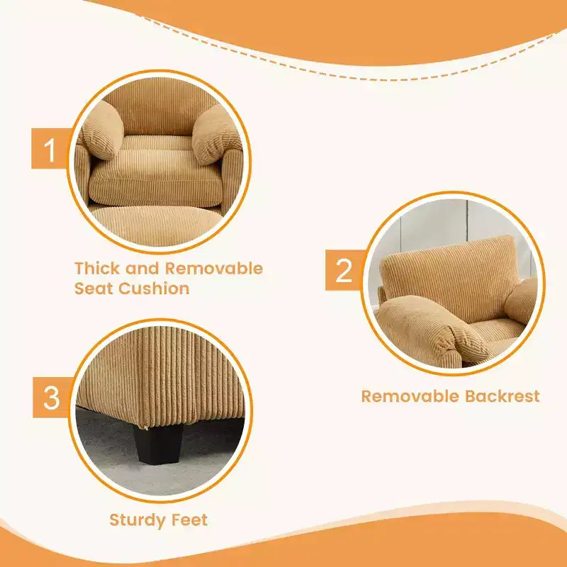 HYLEORY Sessel mit Ottoman, modernes Cord-Wolkenssofa mit umwandelbarer Recamiere, gepolstertes Sofa-Set für Wohnzimmer und Büro