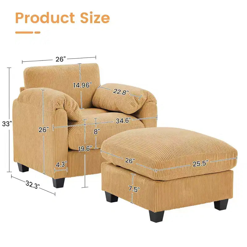 HYLEORY Sessel mit Ottoman, modernes Cord-Wolkenssofa mit umwandelbarer Recamiere, gepolstertes Sofa-Set für Wohnzimmer und Büro