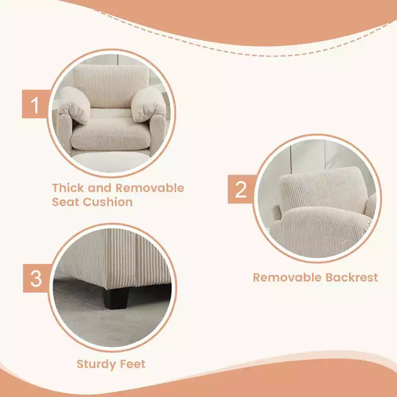 HYLEORY Sessel mit Ottoman, modernes Cord-Wolkenssofa mit umwandelbarer Recamiere, gepolstertes Sofa-Set für Wohnzimmer und Büro