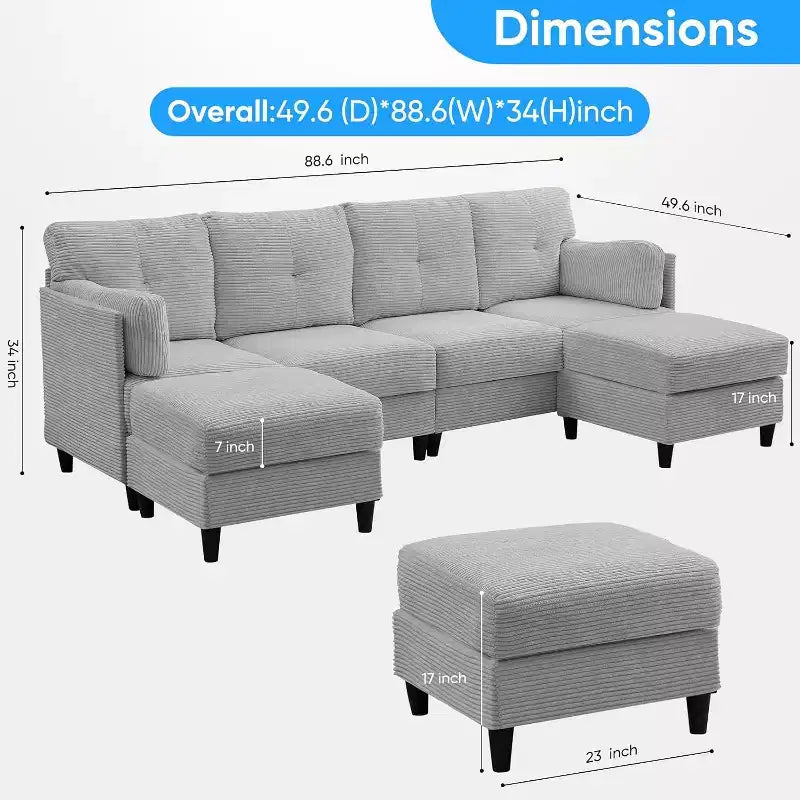 Mjkone 89 U-förmiges Sectional Sofa mit 2 Ottomanen, 6-Sitzer Sofa