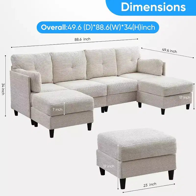 Mjkone 89 U-förmiges Sectional Sofa mit 2 Ottomanen, 6-Sitzer Sofa