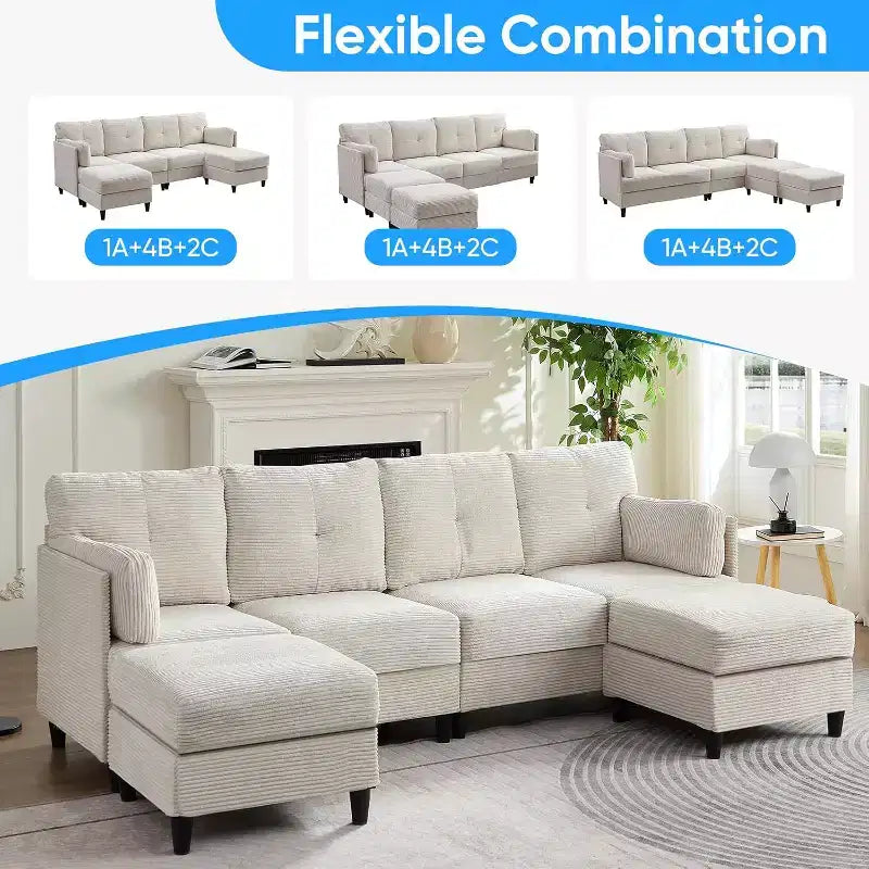 Mjkone 89 U-förmiges Sectional Sofa mit 2 Ottomanen, 6-Sitzer Sofa