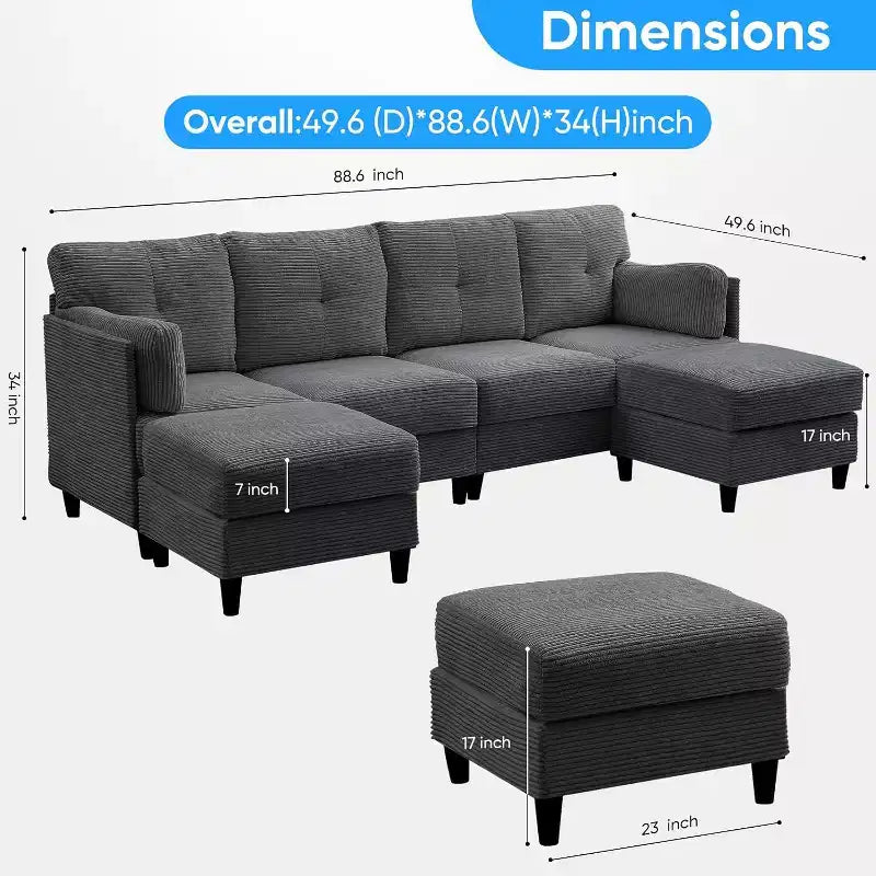 Mjkone 89 U-förmiges Sectional Sofa mit 2 Ottomanen, 6-Sitzer Sofa