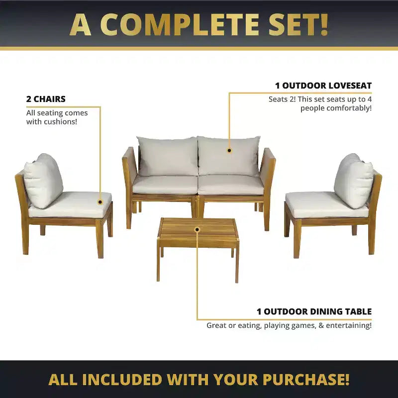 Kinger Home Trena 4-teiliges Terrassenmöbel-Set aus Akazienholz mit Polstern Elegante Outdoor-Terrassenmöbel