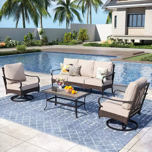 Captiva Designs 4pc Extra Large Metal and Rattan Outdoor Patio Conversation Set with Swivel Single Sofas