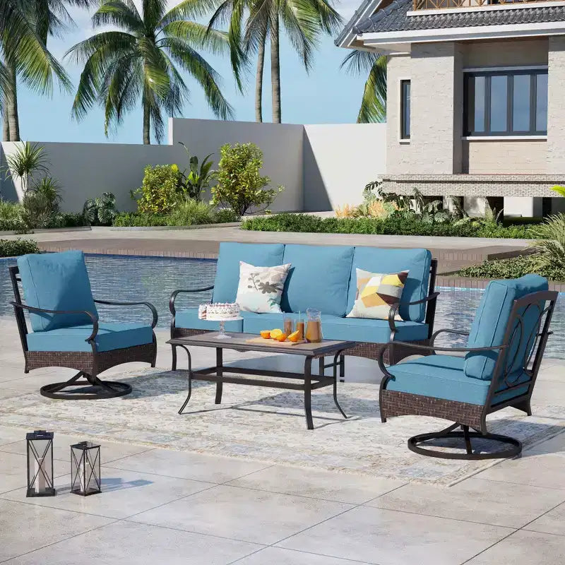 Captiva Designs 4-teiliges extra großes Metall- und Rattan-Gartenlounge-Set mit drehbaren Einzelsesseln