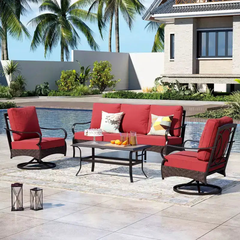 Captiva Designs 4-teiliges extra großes Metall- und Rattan-Gartenlounge-Set mit drehbaren Einzelsesseln