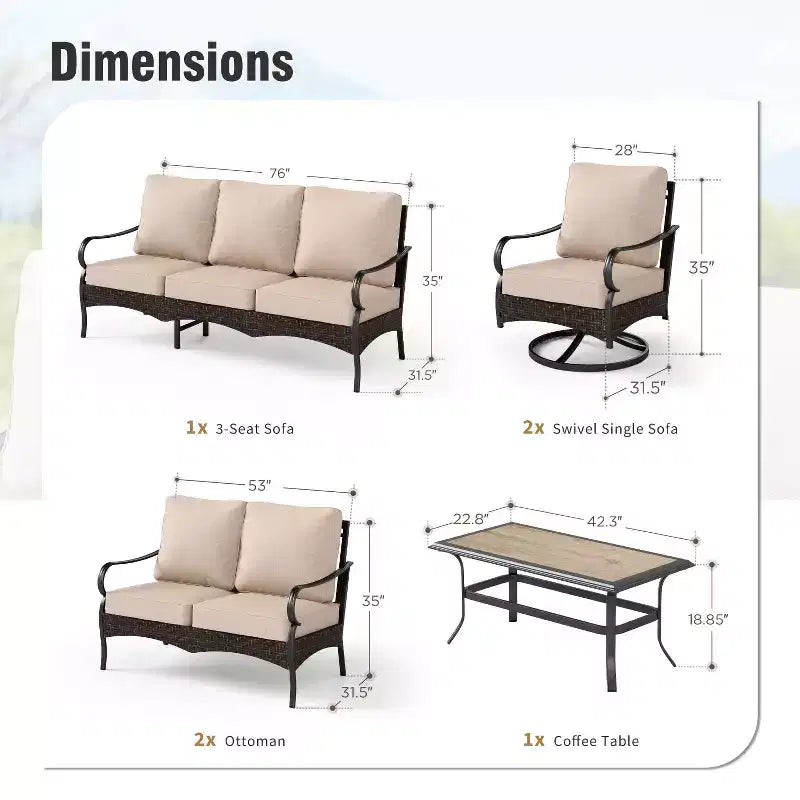 Captiva Designs 5-teiliges extragroßes Garten-Sitzgruppe aus Metall und Rattan mit Drehsesseln und Loveseat