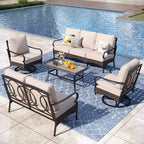 Captiva Designs 5pc Extra Large Metal and Rattan Outdoor Patio Conversation Set with Swivel Chairs and Loveseat