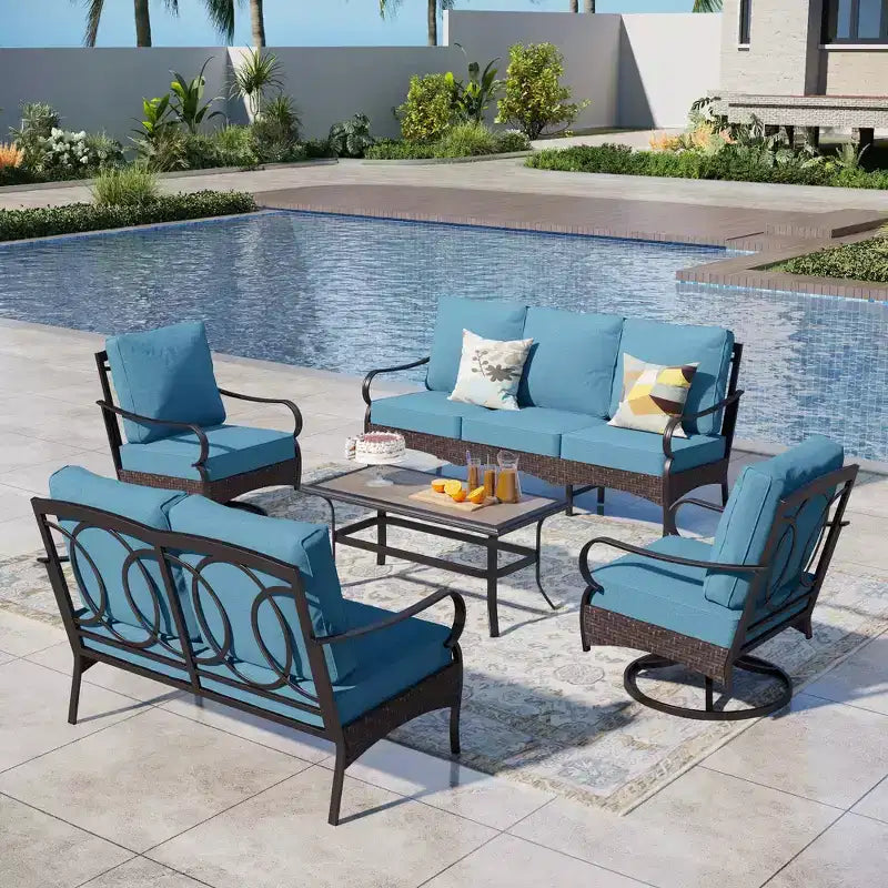 Captiva Designs 5-teiliges extragroßes Garten-Sitzgruppe aus Metall und Rattan mit Drehsesseln und Loveseat