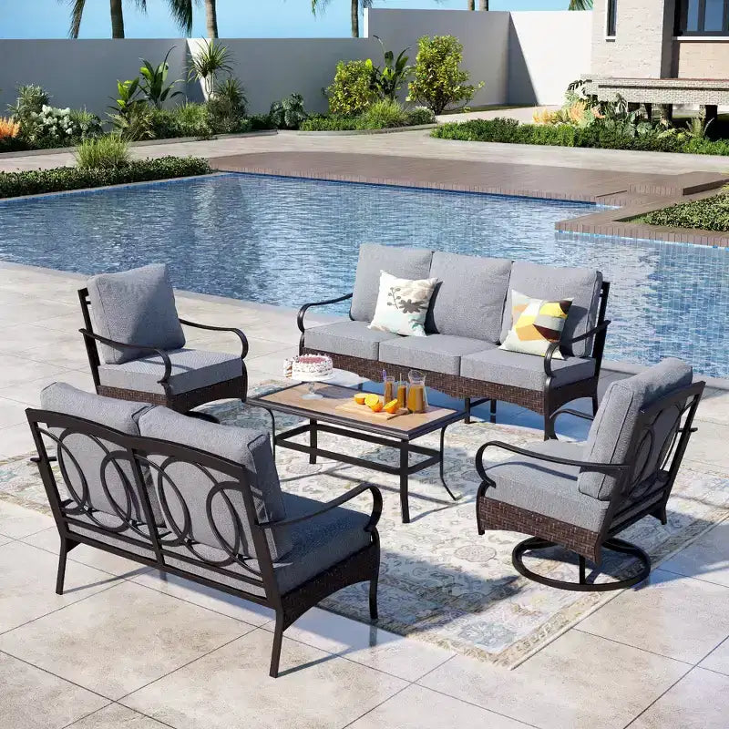 Captiva Designs 5-teiliges extragroßes Garten-Sitzgruppe aus Metall und Rattan mit Drehsesseln und Loveseat