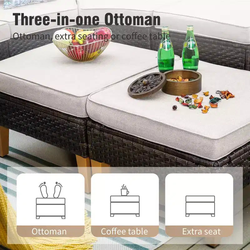 Captiva Designs 8-teiliges Loungemöbel-Set aus Polyrattan mit Feuerstelle und gepolstertem Ottoman für den Außenbereich