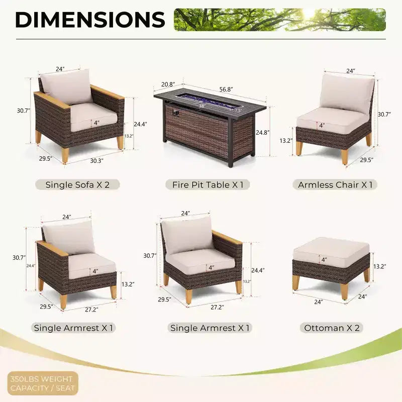 Captiva Designs 8-teiliges Loungemöbel-Set aus Polyrattan mit Feuerstelle und gepolstertem Ottoman für den Außenbereich