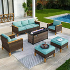 Captiva Designs 8-teiliges Loungemöbel-Set aus Polyrattan mit Feuerstelle und gepolstertem Ottoman für den Außenbereich