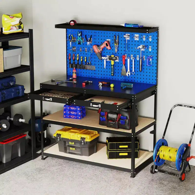 Costway 48 x 24 Werkbank Hochleistungs-Arbeitstisch mit 3 St. Lochplatte Schublade & Regalen Navy/Schwarz