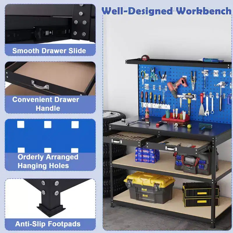Costway 48 x 24 Werkbank Hochleistungs-Arbeitstisch mit 3 St. Lochplatte Schublade & Regalen Navy/Schwarz