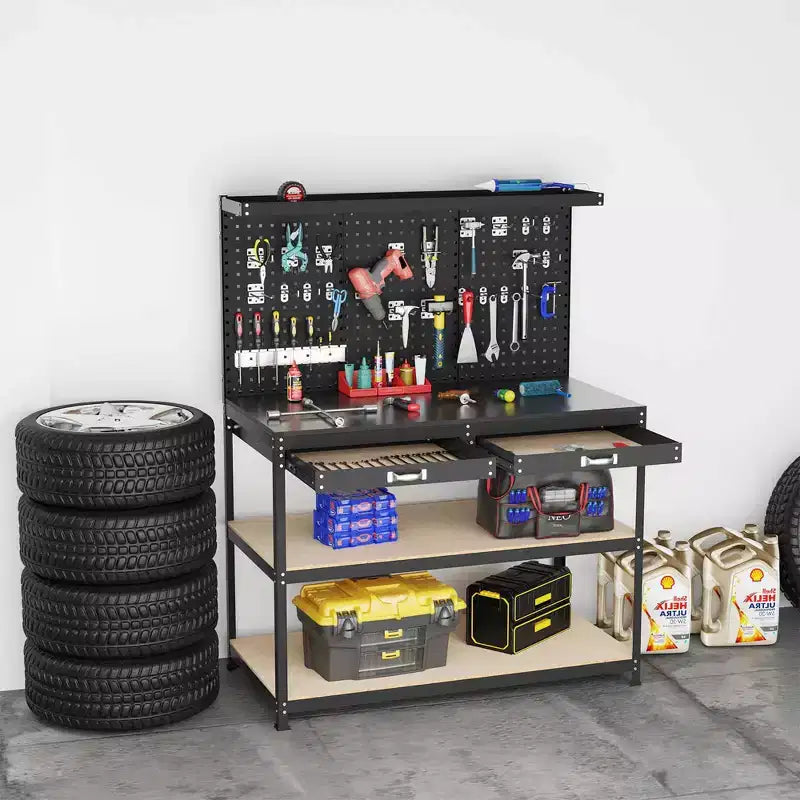 Costway 48 x 24 Werkbank Hochleistungs-Arbeitstisch mit 3 St. Lochplatte Schublade & Regalen Navy/Schwarz