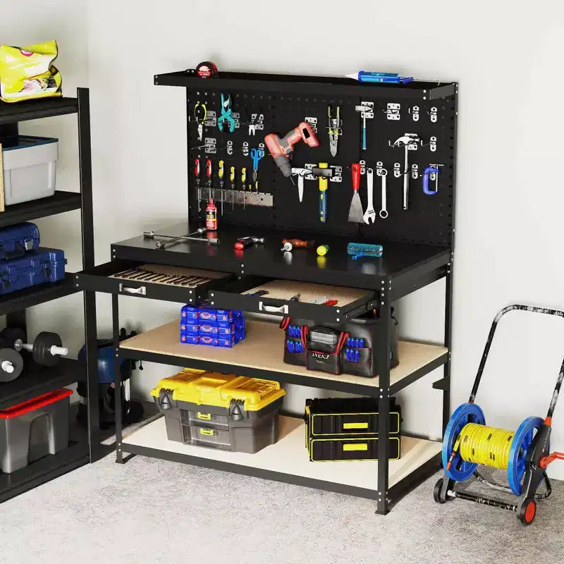 Costway 48 x 24 Werkbank Hochleistungs-Arbeitstisch mit 3 St. Lochplatte Schublade & Regalen Navy/Schwarz
