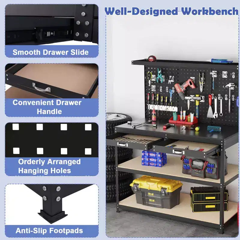 Costway 48 x 24 Werkbank Hochleistungs-Arbeitstisch mit 3 St. Lochplatte Schublade & Regalen Navy/Schwarz