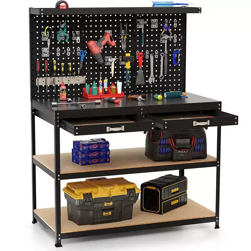 Costway 48 x 24 Workbench Heavy-Duty WorkTable with 3 PCs Pegboard Drawer & Shelves Navy/Black
