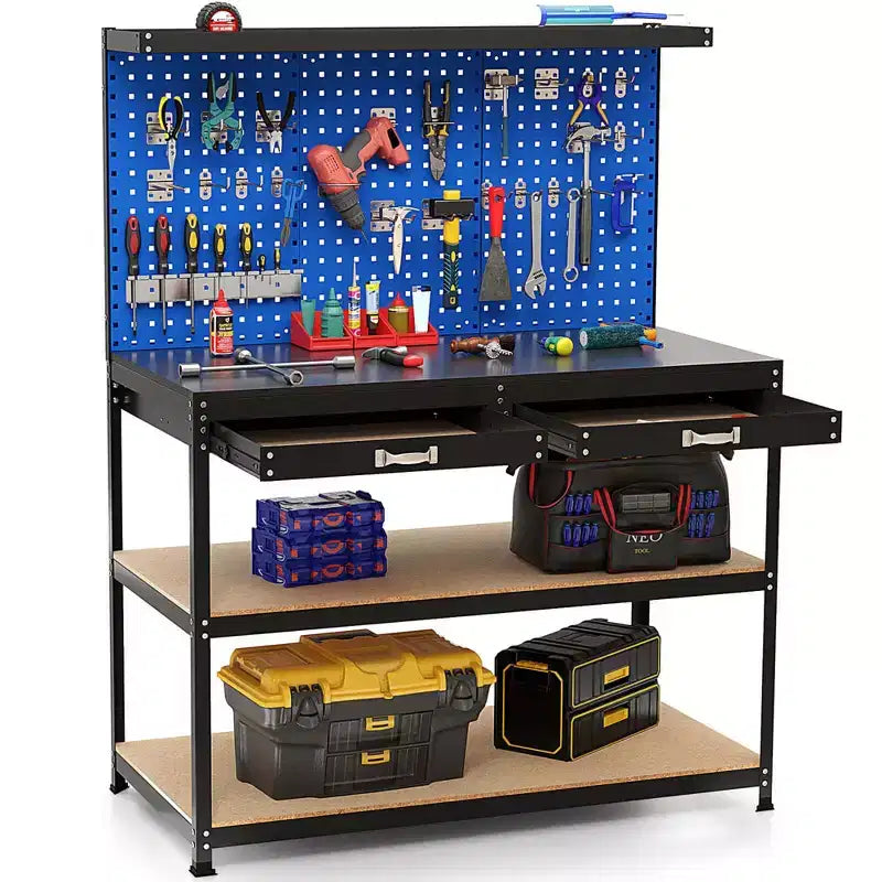 Costway 48 x 24 Werkbank Hochleistungs-Arbeitstisch mit 3 St. Lochplatte Schublade & Regalen Navy/Schwarz
