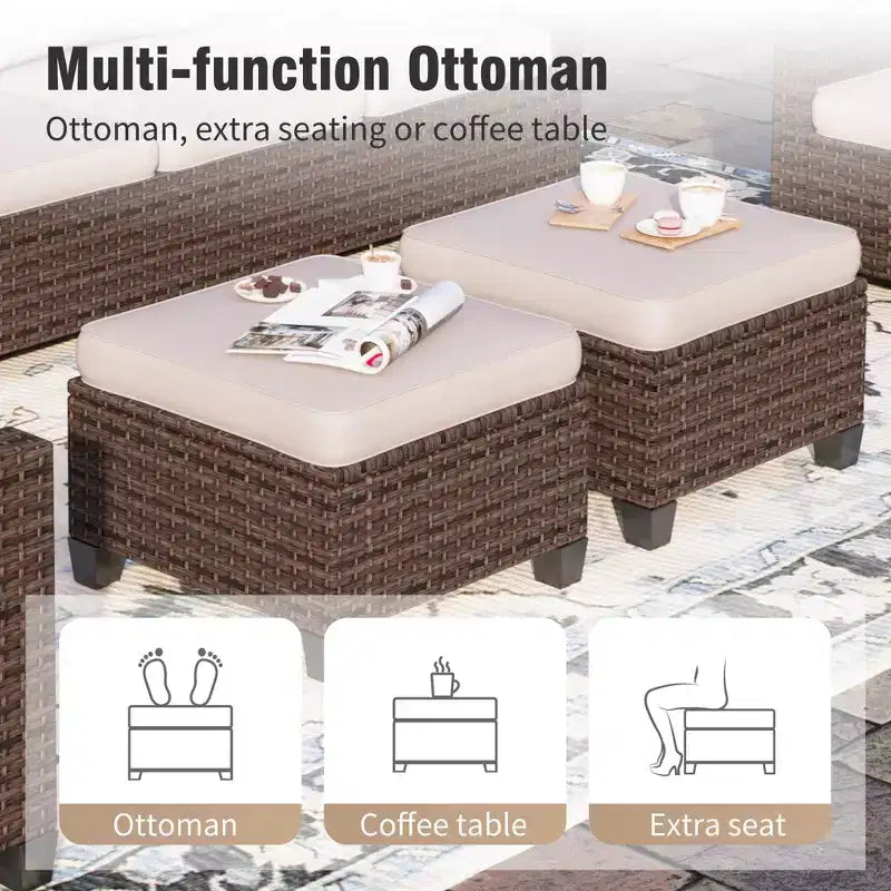 Captiva Designs 8-teiliges Outdoor-Patio-Geflecht-Rattan-Sofa-Feuerstellen-Set mit Hockern und Einzelsesseln