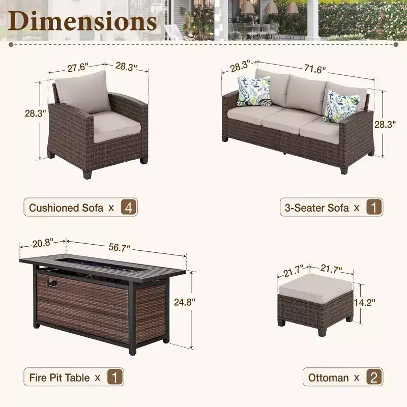 Captiva Designs 8-teiliges Outdoor-Patio-Geflecht-Rattan-Sofa-Feuerstellen-Set mit Hockern und Einzelsesseln