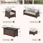 Captiva Designs 8-teiliges Outdoor-Patio-Geflecht-Rattan-Sofa-Feuerstellen-Set mit Hockern und Einzelsesseln