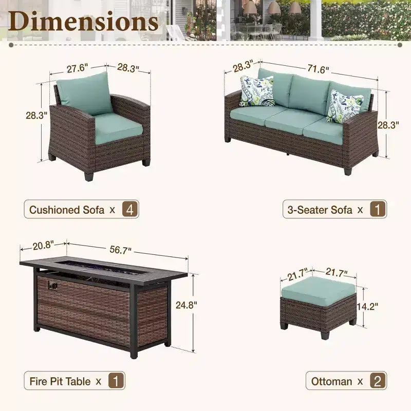 Captiva Designs 8-teiliges Outdoor-Patio-Geflecht-Rattan-Sofa-Feuerstellen-Set mit Hockern und Einzelsesseln