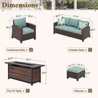 Captiva Designs 8-teiliges Outdoor-Patio-Geflecht-Rattan-Sofa-Feuerstellen-Set mit Hockern und Einzelsesseln