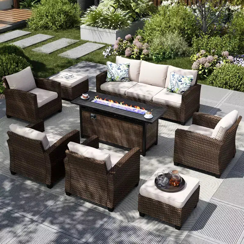 Captiva Designs 8pc Outdoor Patio Wicker Rattan Cushioned Sofa Fire Pit Set with Ottomans and Single Sofas