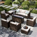 Captiva Designs 8pc Outdoor Patio Wicker Rattan Cushioned Sofa Fire Pit Set with Ottomans and Single Sofas
