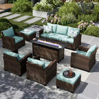 Captiva Designs 8-teiliges Outdoor-Patio-Geflecht-Rattan-Sofa-Feuerstellen-Set mit Hockern und Einzelsesseln