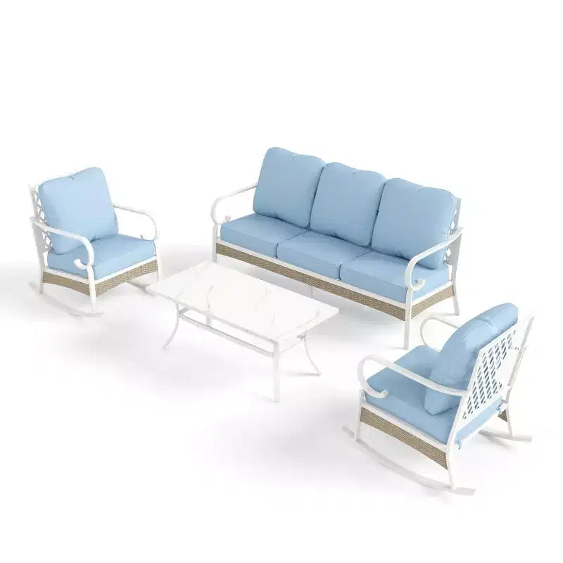 Captiva Designs 4-teiliges extra großes Terrassen-Gesprächs-Set aus Metall und Rattan für den Außenbereich mit Schaukelstühlen mit Gitterlehne und Tisch