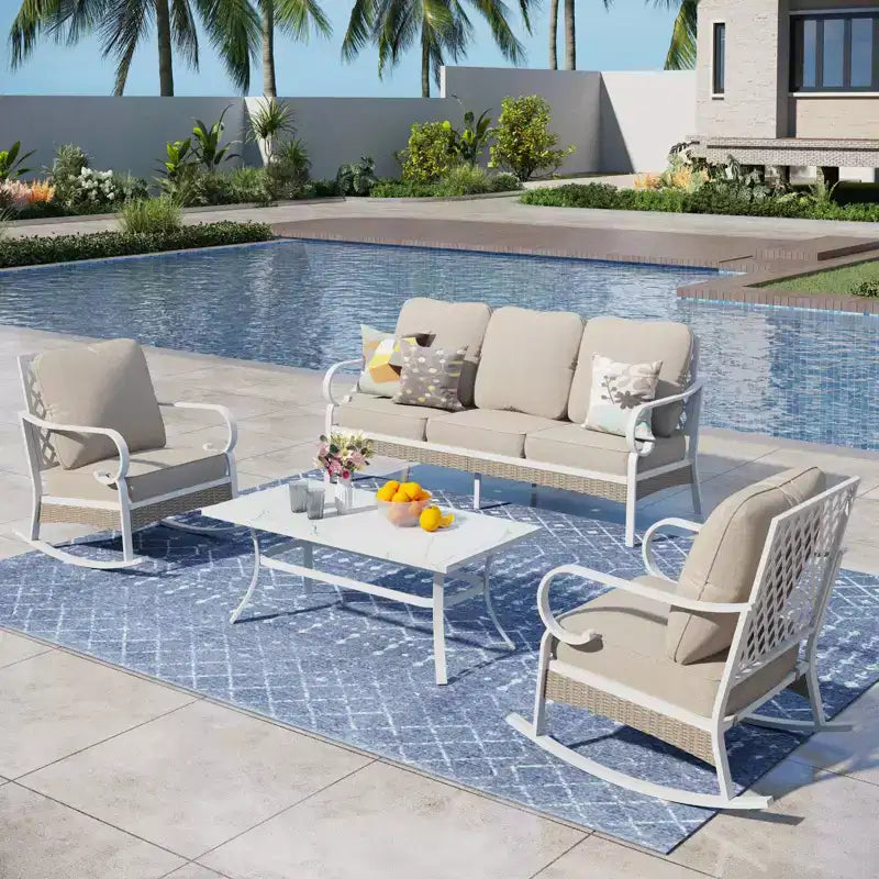Captiva Designs 4pc Extra Large Metal and Rattan Outdoor Patio Conversation Set with Rocking Grid-back Chairs and Table
