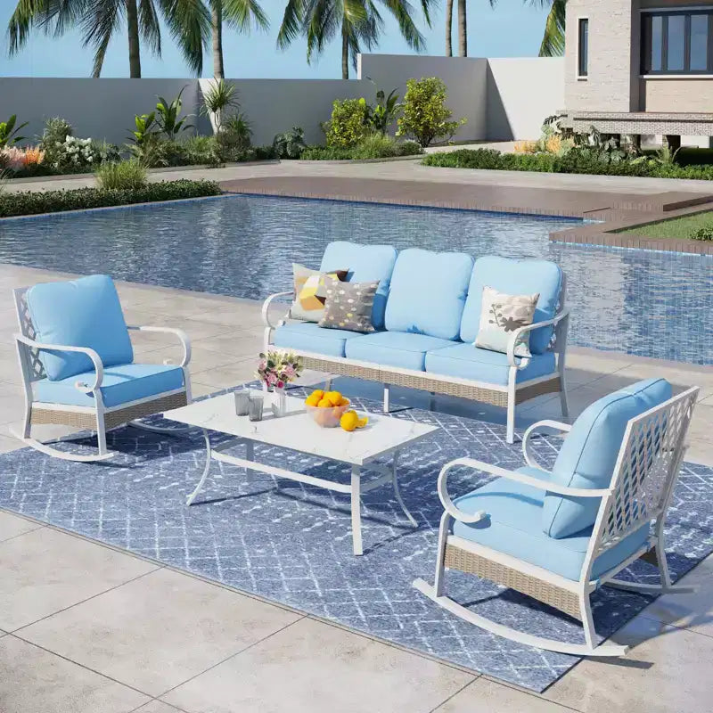 Captiva Designs 4-teiliges extra großes Terrassen-Gesprächs-Set aus Metall und Rattan für den Außenbereich mit Schaukelstühlen mit Gitterlehne und Tisch