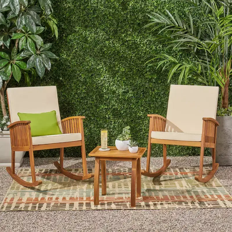 Christopher Knight Home Alabelle Outdoor Schaukelstuhl-Sitzgruppe, 3-teilig, Akazienholz, Braun/Cremefarben, mit Kissen