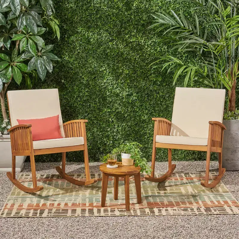 Christopher Knight Home Abbottsford Outdoor Schaukelsessel-Set aus Akazienholz, 3-teilig, mit Kissen, Braun/Creme