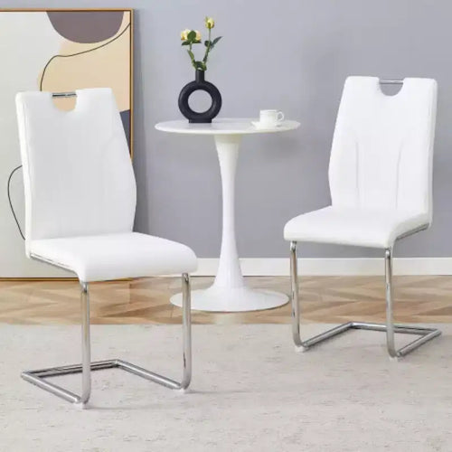 2 White PU Dining Chairs with Silver Metal Legs - Versatile Design Set
