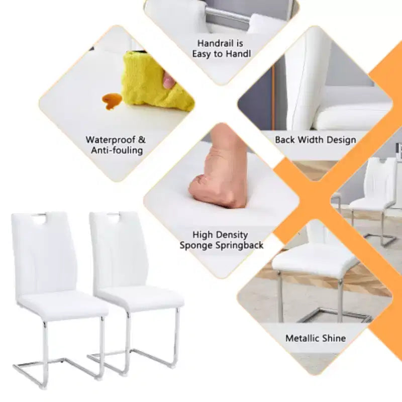 2 weiße Esszimmerstühle aus PU-Leder mit silberfarbenen Metallbeinen – Vielseitiges Design-Set