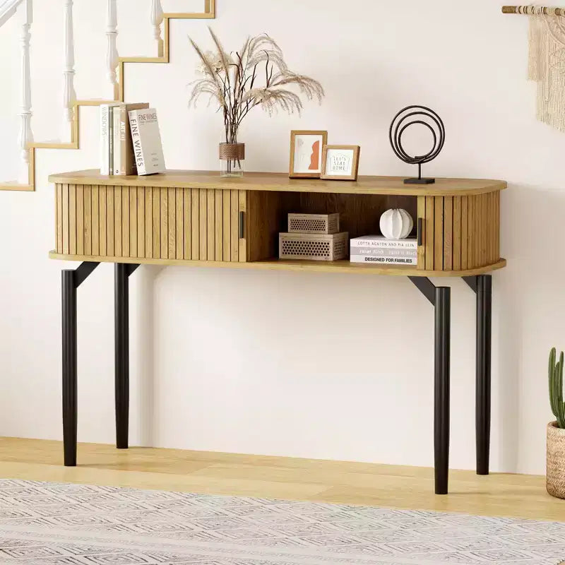 Konsolentisch mit Stauraum, Sofatisch aus Holz mit Schiebetür, Beistelltisch für Wohnzimmer, Couch, Flur, Eingangsbereich