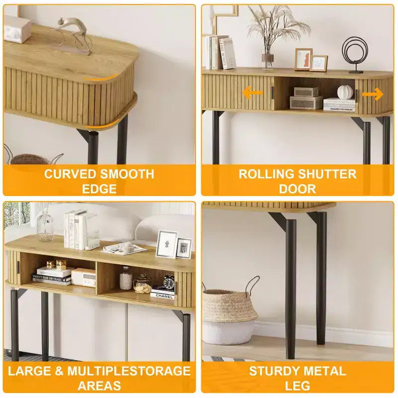 Konsolentisch mit Stauraum, Sofatisch aus Holz mit Schiebetür, Beistelltisch für Wohnzimmer, Couch, Flur, Eingangsbereich