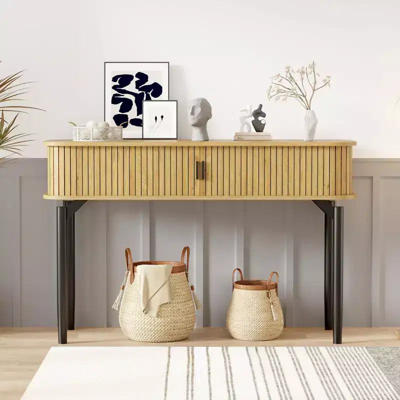 Konsolentisch mit Stauraum, Sofatisch aus Holz mit Schiebetür, Beistelltisch für Wohnzimmer, Couch, Flur, Eingangsbereich