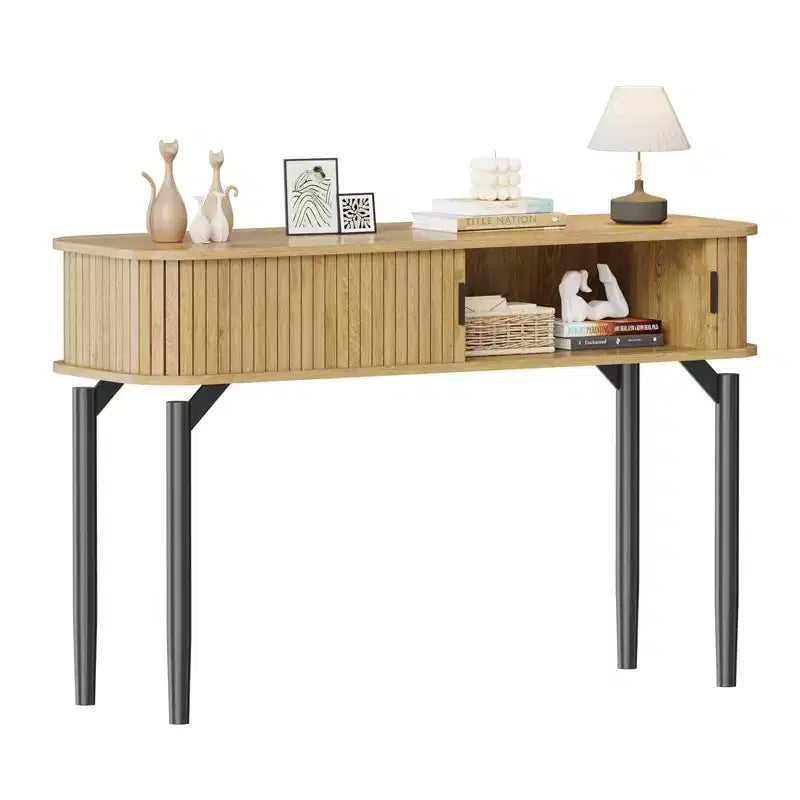 Konsolentisch mit Stauraum, Sofatisch aus Holz mit Schiebetür, Beistelltisch für Wohnzimmer, Couch, Flur, Eingangsbereich