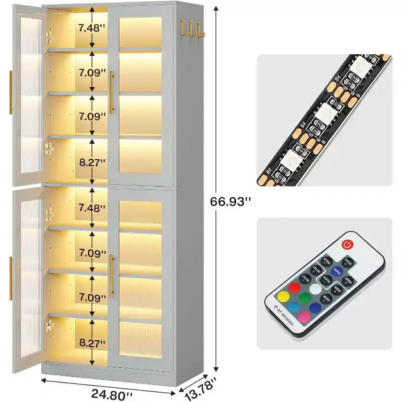 Lantine Bücherregal mit Türen und LED-Beleuchtung, 170 cm hohes Bücherregal mit 8 verstellbaren Einlegeböden und Hängehaken