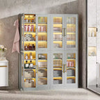 Lantine Bücherregal mit Türen und LED-Beleuchtung, 170 cm hohes Bücherregal mit 8 verstellbaren Einlegeböden und Hängehaken
