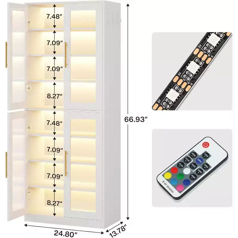 Lantine Bücherregal mit Türen und LED-Beleuchtung, 170 cm hohes Bücherregal mit 8 verstellbaren Einlegeböden und Hängehaken