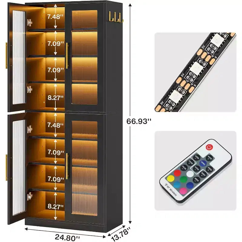 Lantine Bücherregal mit Türen und LED-Beleuchtung, 170 cm hohes Bücherregal mit 8 verstellbaren Einlegeböden und Hängehaken